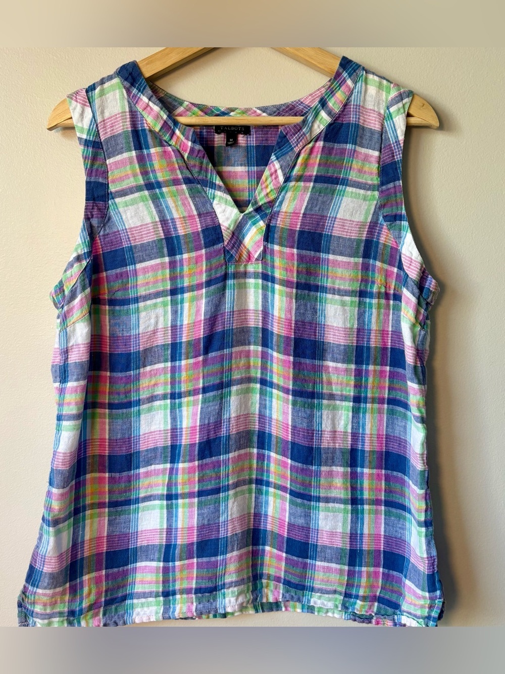 Talbots 100% Linen Madras Plaid Sleeveless Split Neck Top Shell Size M
